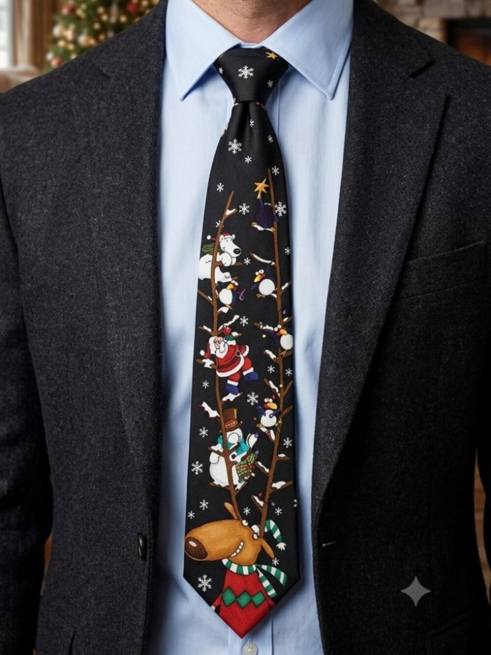 Men’s Black Christmas Novelty Tie Santa Snowmen & Reindeer Holiday Design